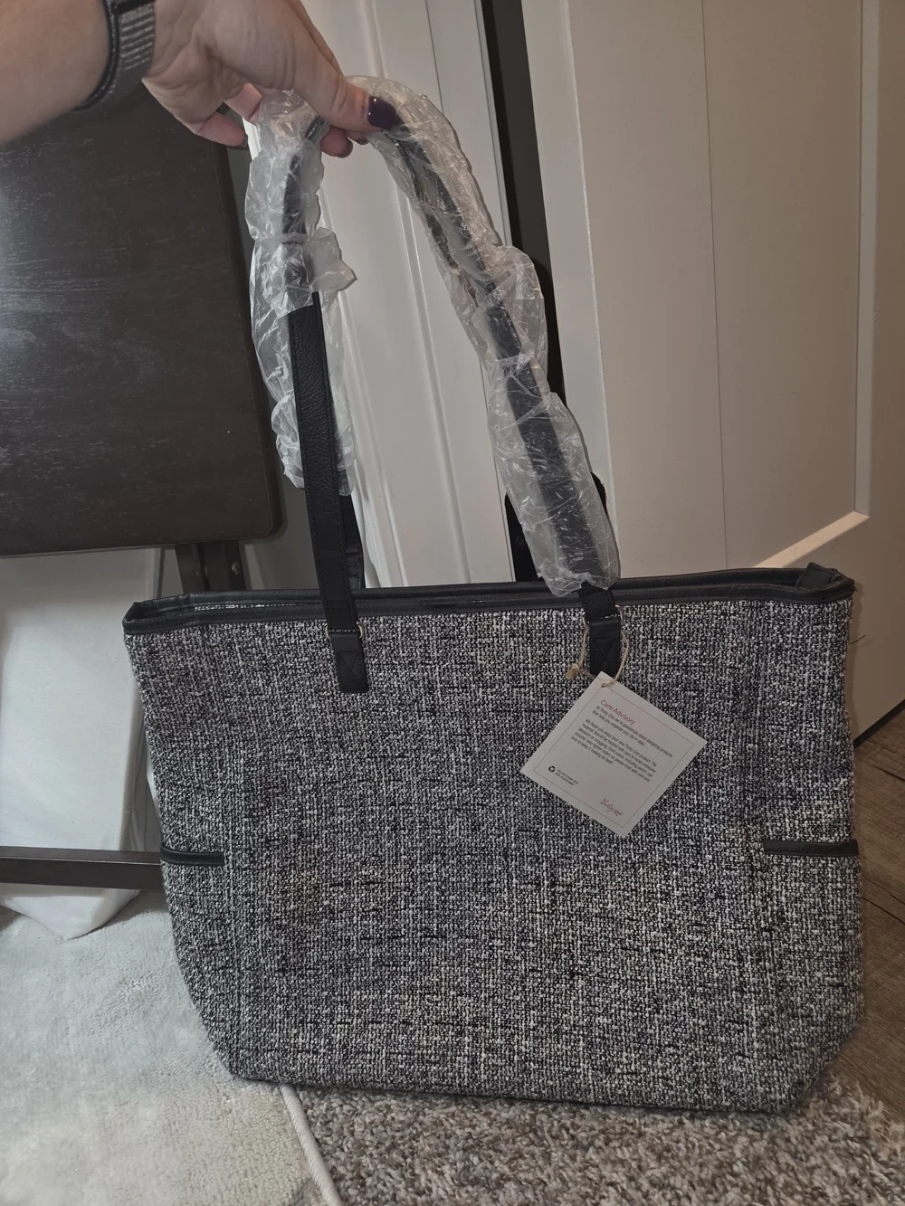 Designed Tote Bag in Black and White Tweed - Brand: